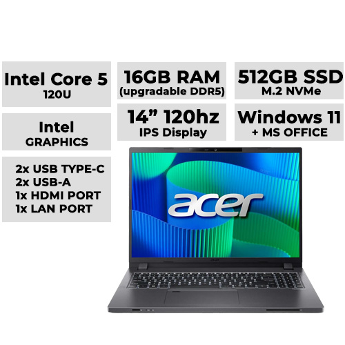 Acer TravelMate X214 Laptop 14" 120hz | Intel Core 5 120U | 16GB DDR5 | 512GB NVMe | Intel Graphics Graphics (Model: X214-51-57W9)